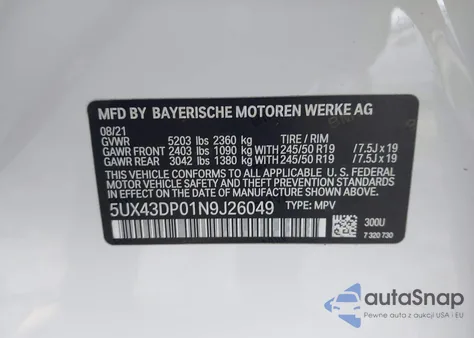 2022 BMW X3 Sdrive30I z USA, uszkodzony, nr VIN 5UX43DP01N9J26049